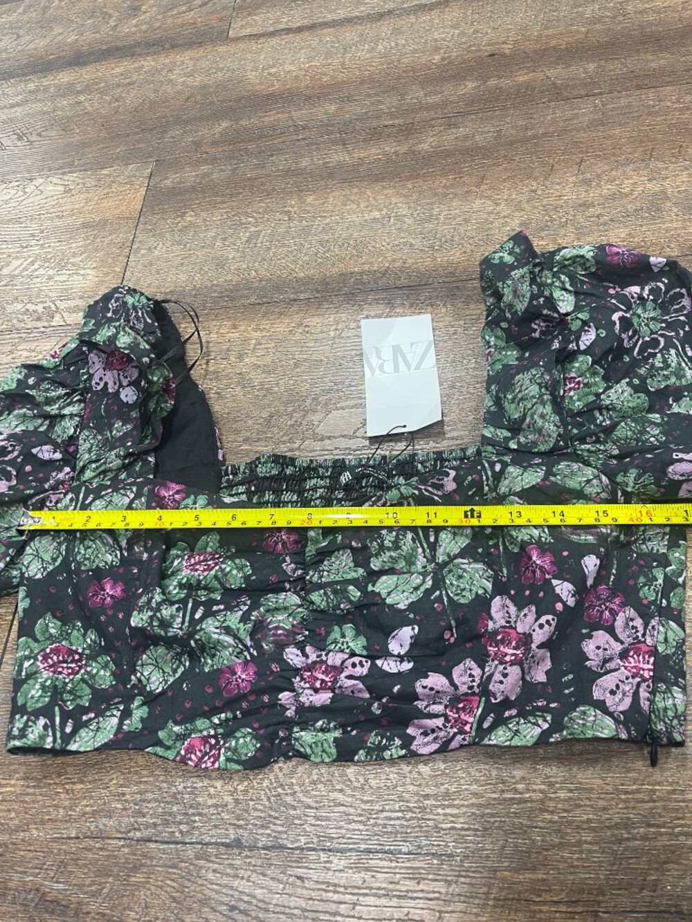 Zara Floral Puff Sleeve Ruched Crop Top NWT Size L - Picture 5 of 9